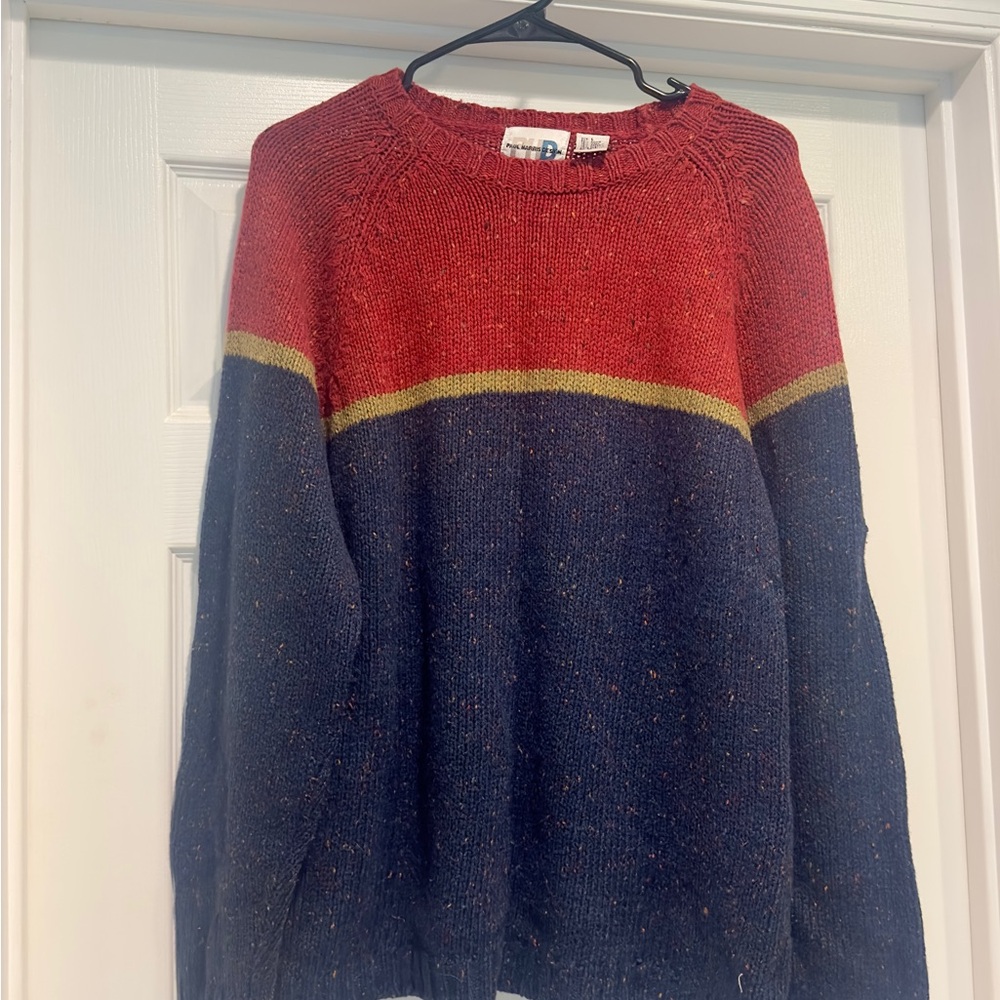 Red and Blue Crew Neck Sweater with Colorblock Design